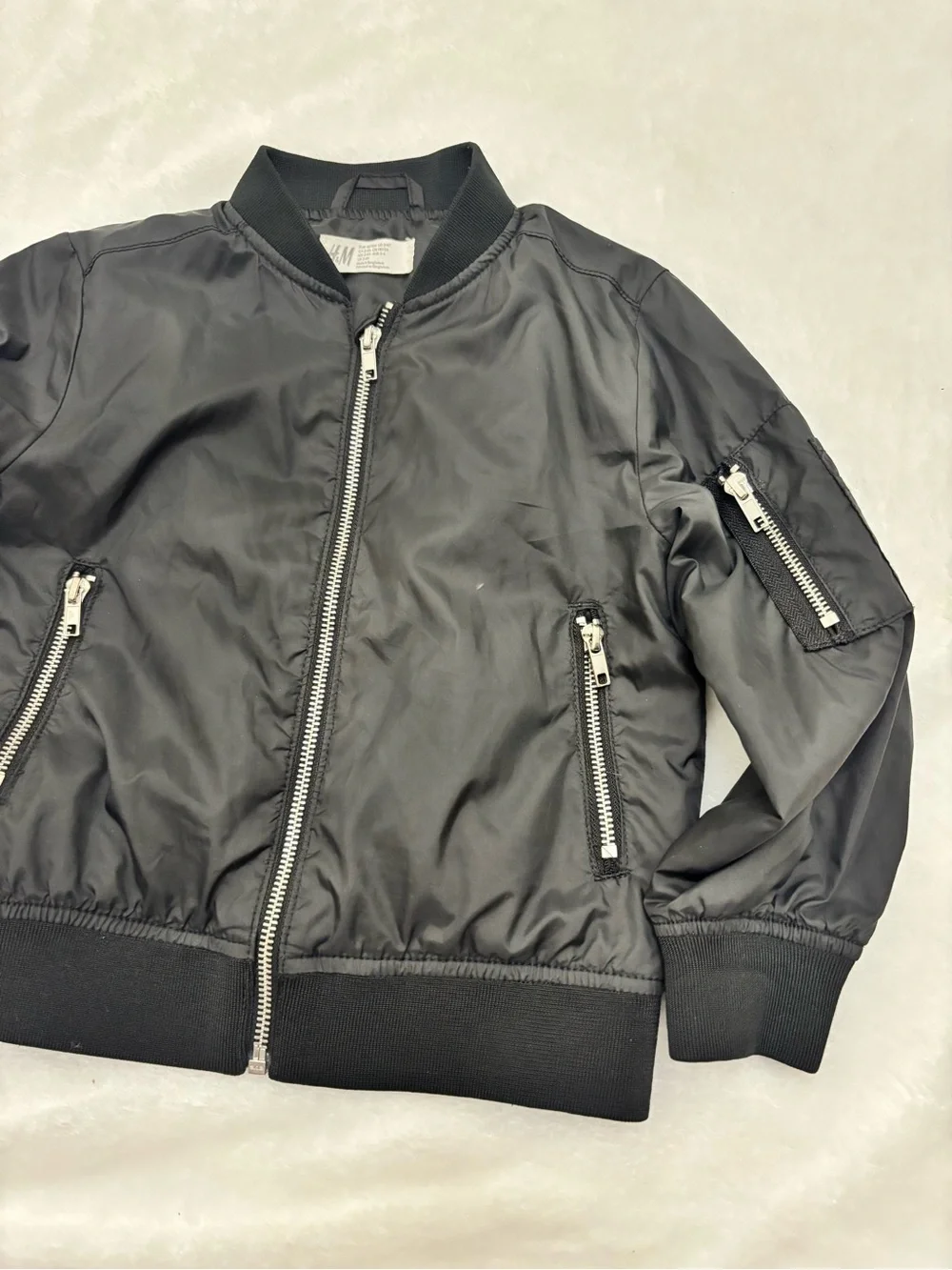 H&M Toddler Boys Size 3/4T Sleek Black Bomber Jacket with Silver Zippers